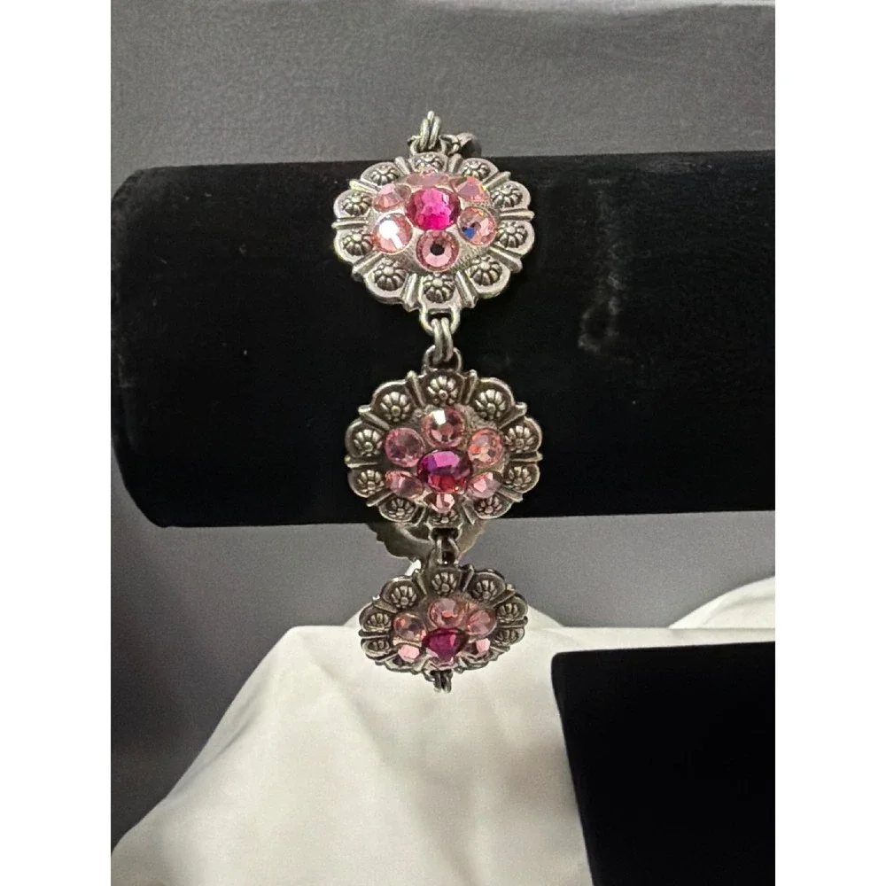 Brighton Pink Power of Pink Silver Plated Concho Rhinestone Link Bracelet Ribbon
